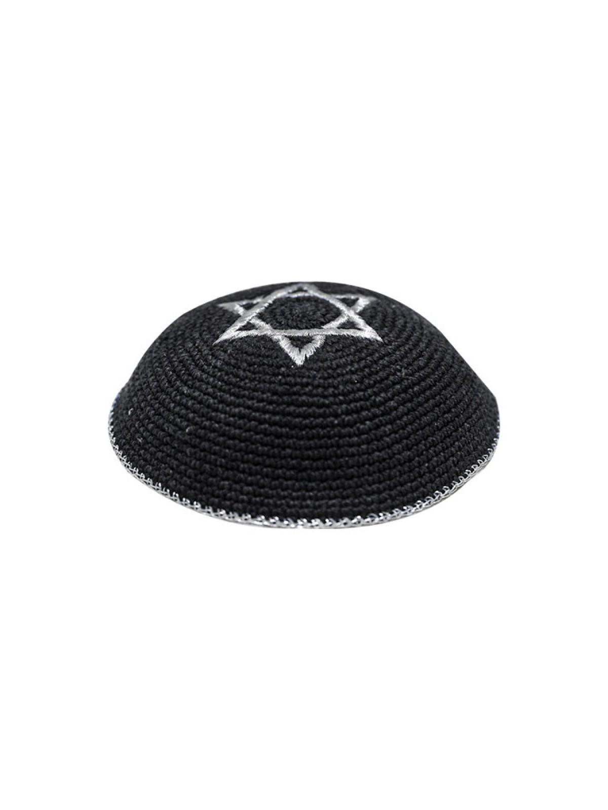 כיפה סרוגה שחורה עם מגן דוד כסף ו... | כיפה סרוגה